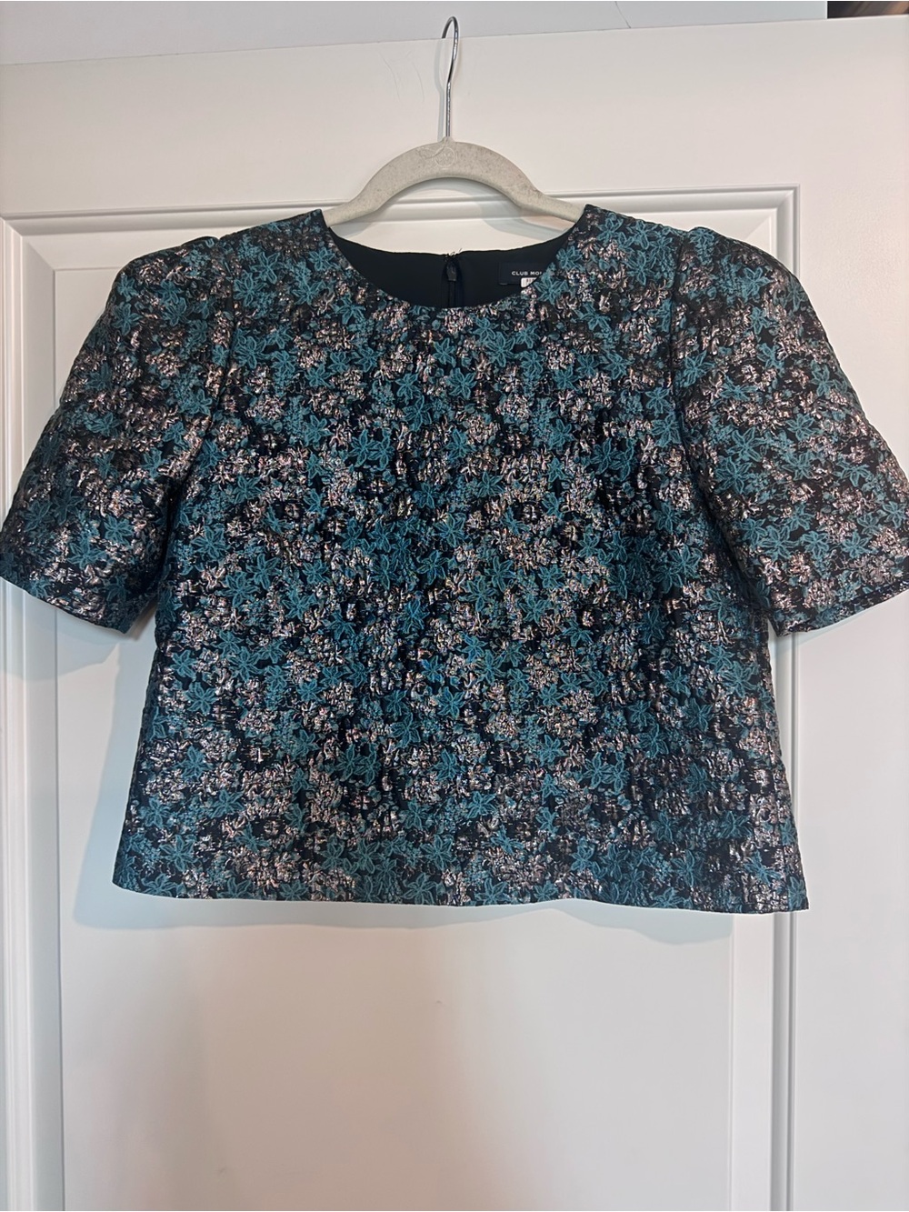 Floral Jacquard Crop Top in Teal and Black with gold accents